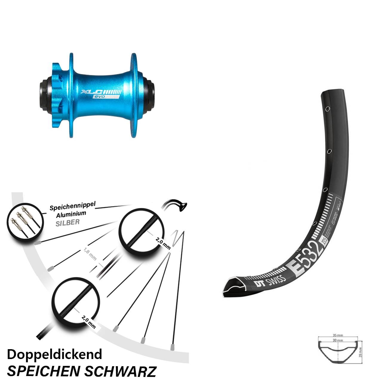 DT Swiss E 532 XLC Evo blau 27,5 Zoll Vorderrad 6-Loch 15x100