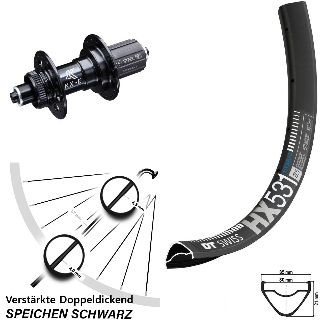 DT Swiss HX 531 Hinterrad 29 Zoll verstärkt KX-E 5x135 mm Centerlock 8-12 fach