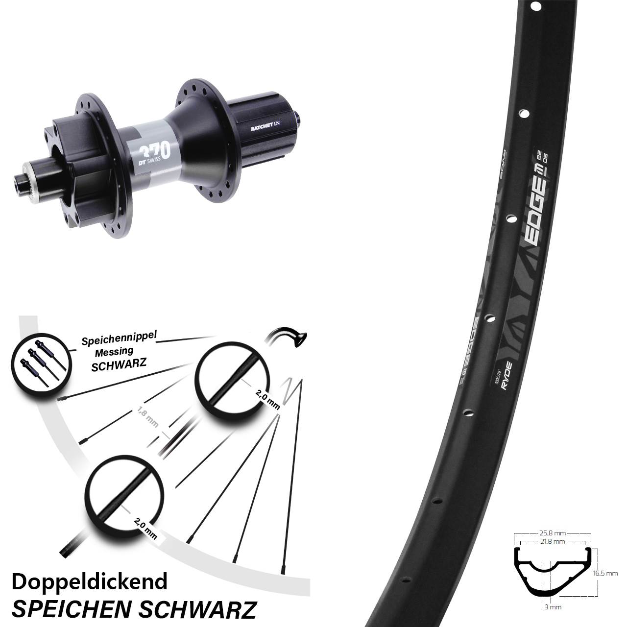 6-Loch Hinterrad 29 Zoll Ryde Edge M22 DT Swiss 370 8-11 fach für Schnellspanner Boost