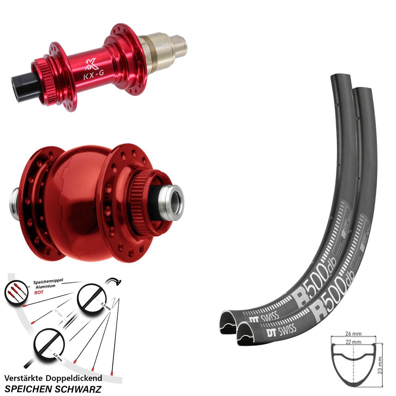Centerlock Laufradsatz 12x100/142 28-29 Zoll DT Swiss R500 KX-G rot SON 28 rot SRAM XDR