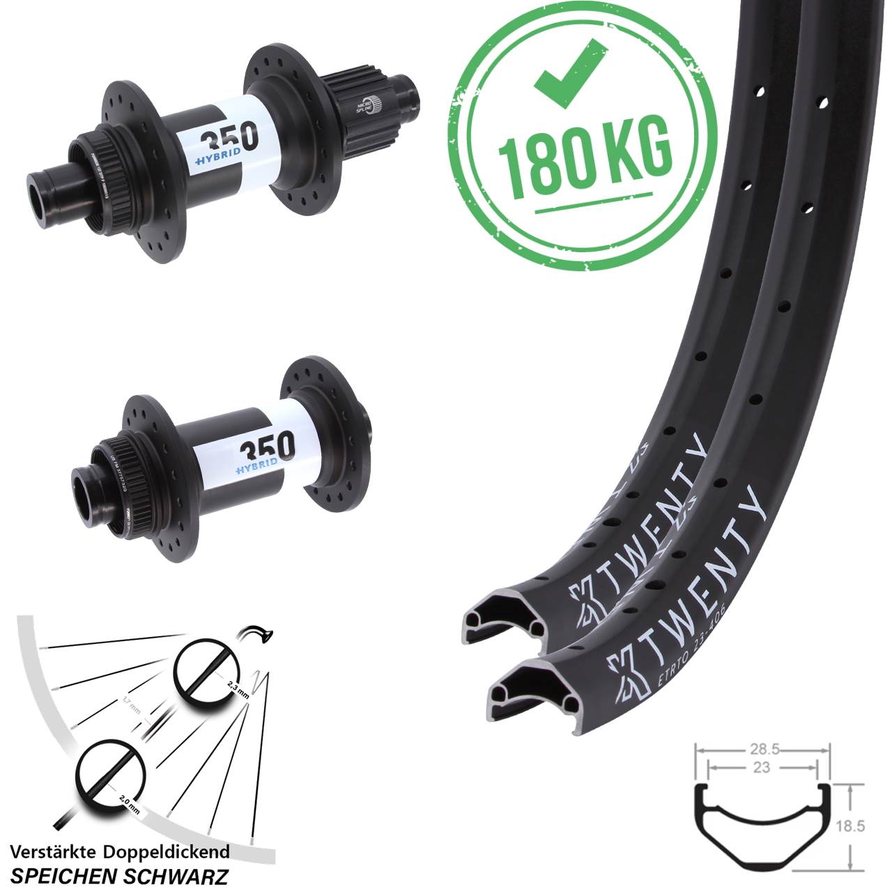 Laufradsatz Centerlock 20 Zoll KX Twenty DT Swiss 350 Hybrid Micro Spline 15x110 12x148