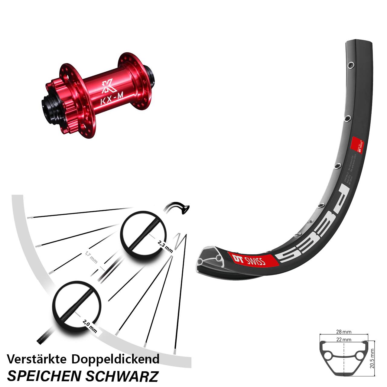 26 Zoll DT Swiss 533 D KX-M rot Disc Laufrad 15x100