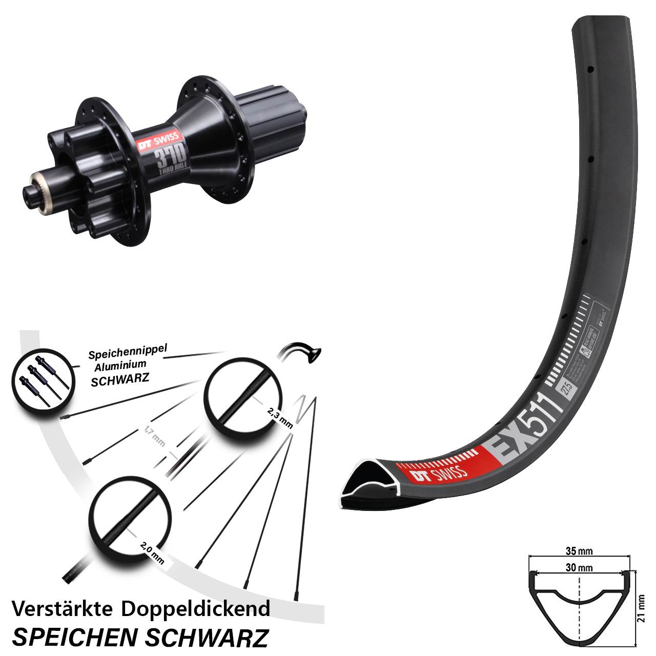 DT Swiss EX 511 DT Swiss 370 Hybrid 27,5 Zoll Disc Hinterrad QR 8-11 fach HG