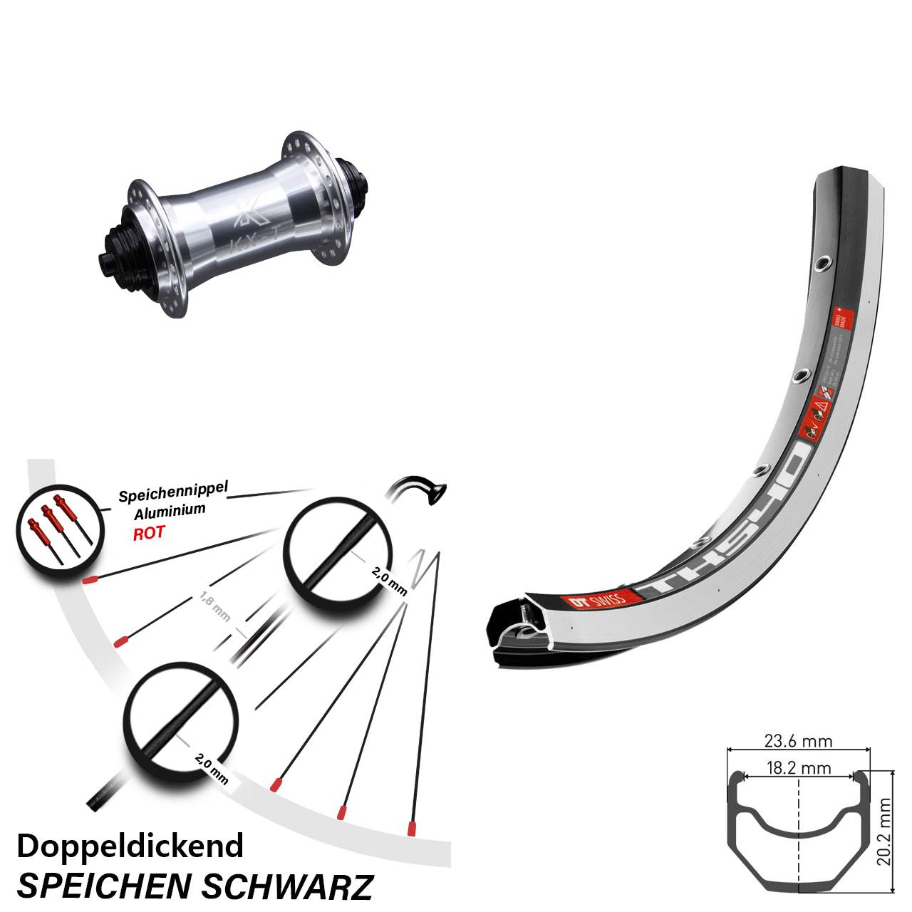 28 Zoll Vorderrad DT Swiss TK 540 Nabe 4-fach gelagert KX-T silbern 100 mm