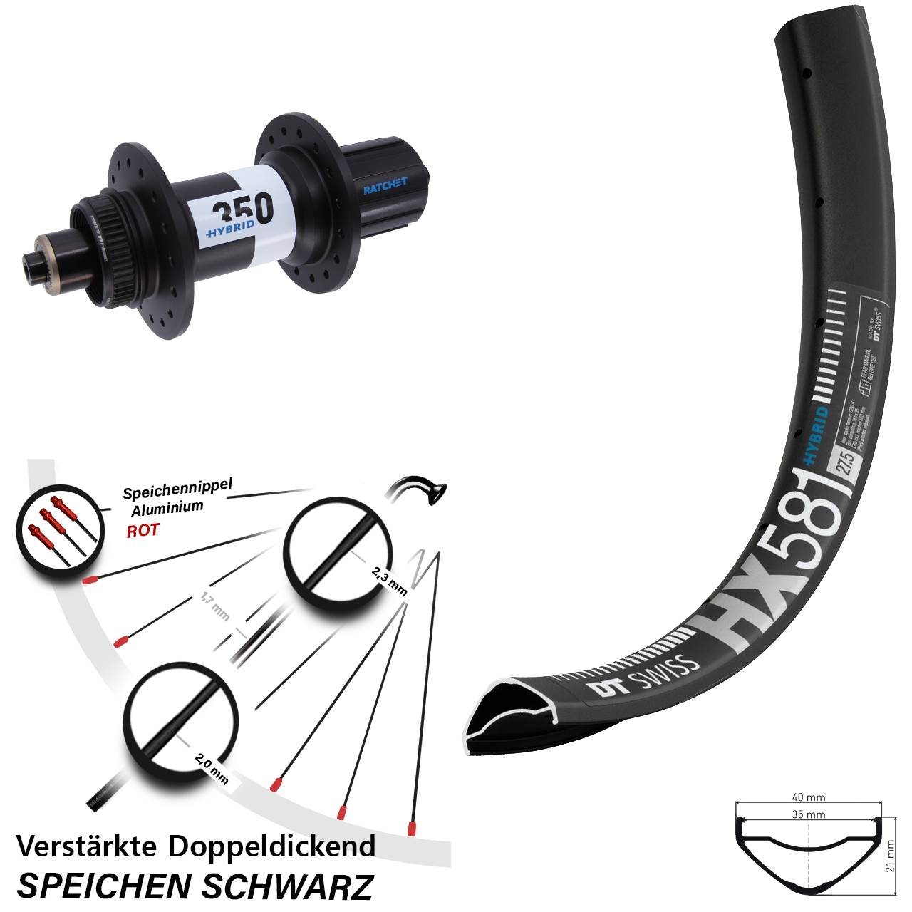 Hinterrad 27,5 Zoll DT Swiss HX 581-Hybrid 350 8-11 fach HG für Schnellsp.