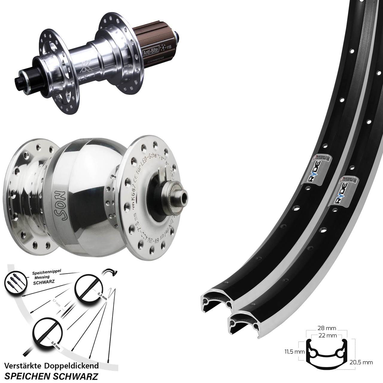 Ryde Andra 35 KX-T SON delux wide body 650B Laufrad-Satz für Schnellspanner 8-12 fach HG