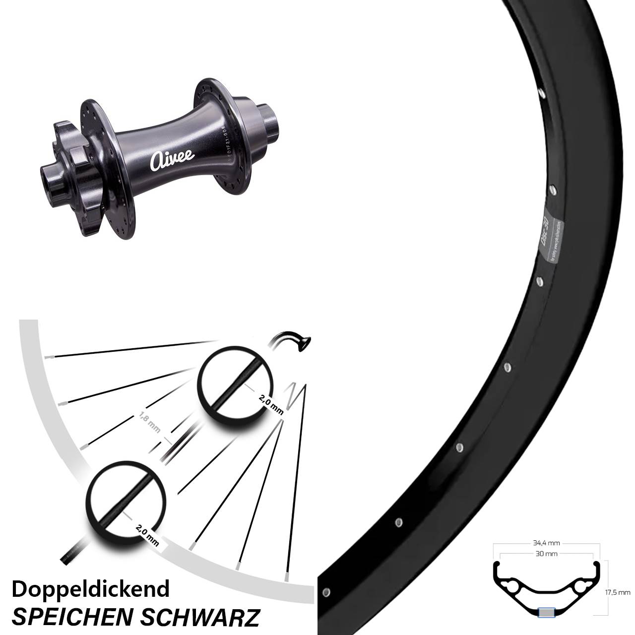 Boost Vorderrad 6-Loch 15x110 29 Zoll Ryde Disc 30 Aivee