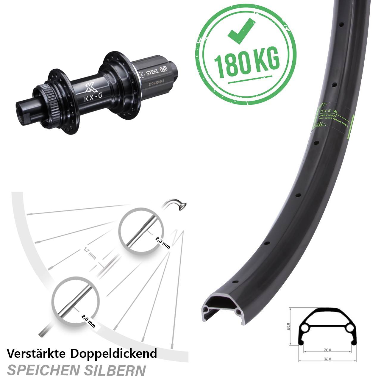 KX-GS Evo Hinterrad 26 Zoll mit verstärkter Nabe CL Lastenrad E-Bike schwarz 8-12 fach