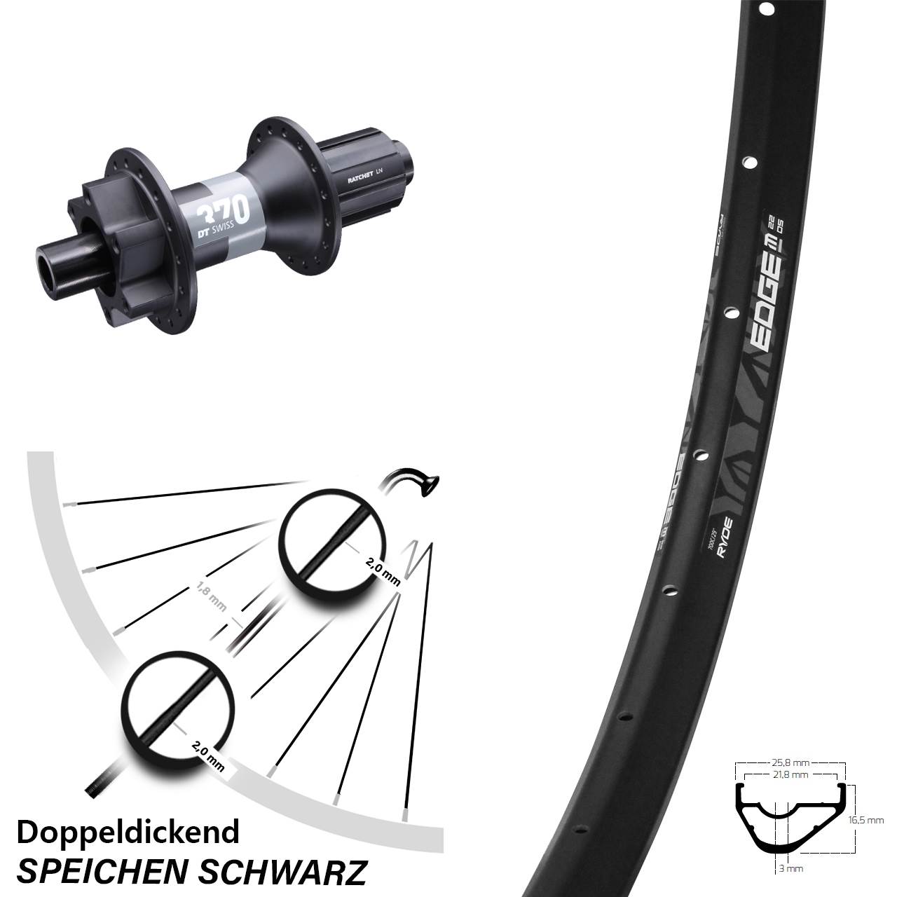 29 Zoll Hinterrad Ryde Edge M22 OS mit DT Swiss 370 Nabe Boost 11-fach