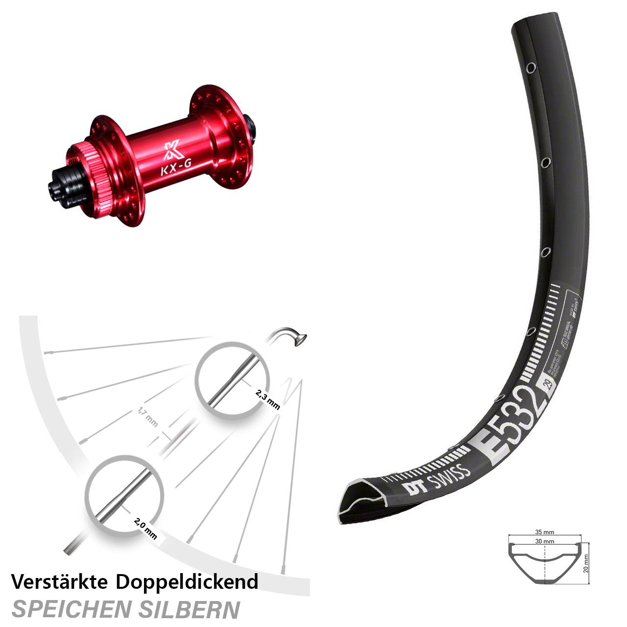 Disc Laufrad für Schnellspanner 29 Zoll DT Swiss E532 KX-G rot