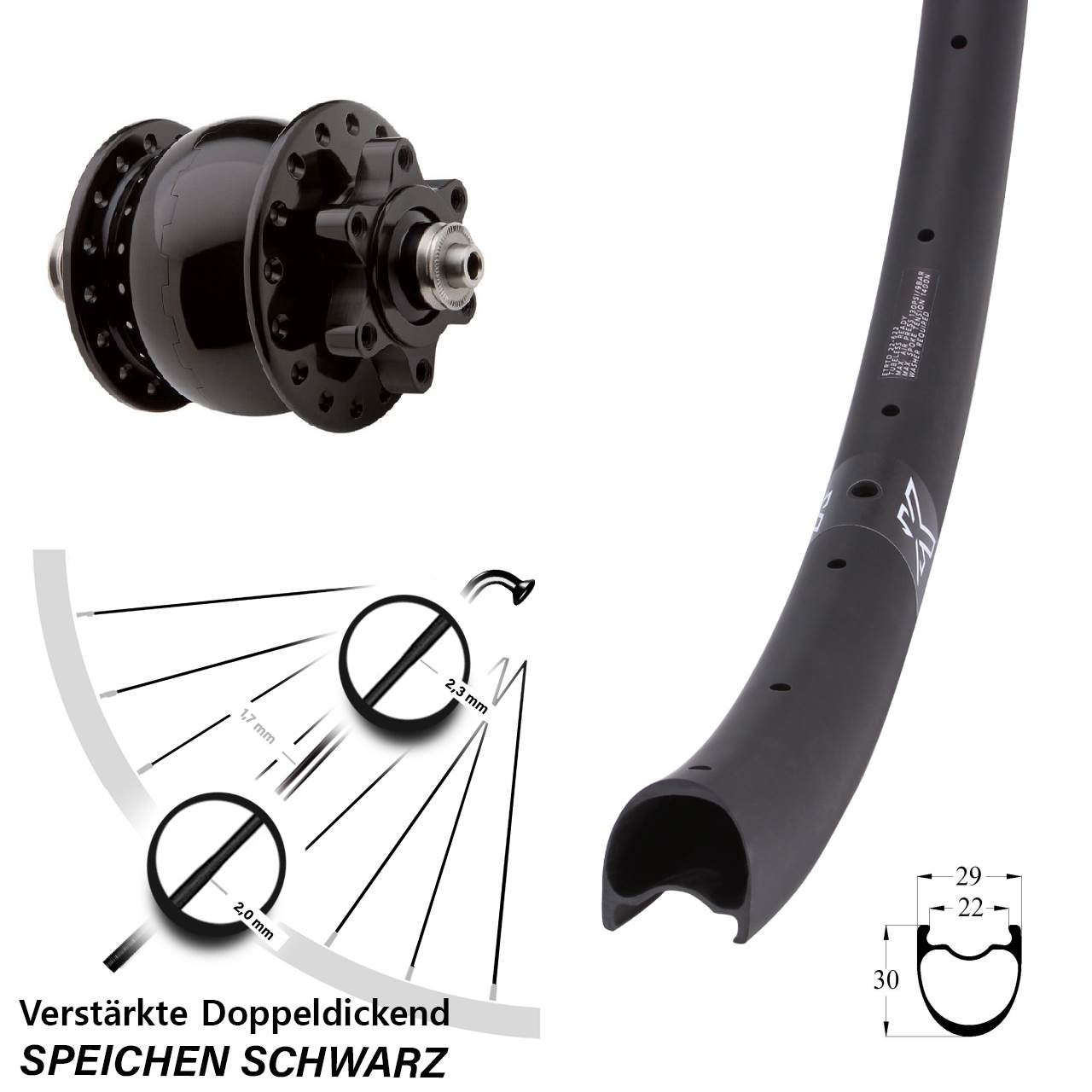 Dynamo Vorderrad KX-RC Gravel Carbon SON 28 Disc 6-Loch Hohlachse schwarz eloxiert