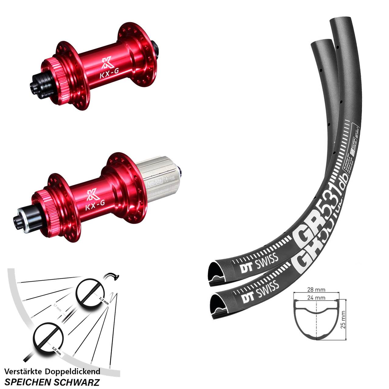 27,5 Zoll DT Swiss GR 531 KX-G rot Disc Laufrad-Satz QR 8-12 fach HG