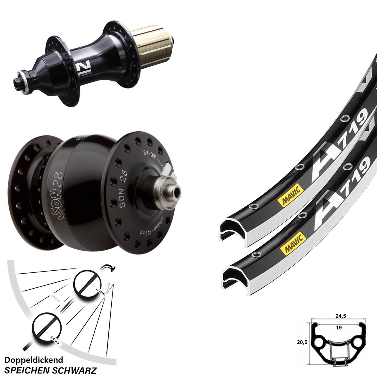 Laufrad-Satz für Schnellspanner SON 28 Zoll Mavic A719 Novatec F162SB 8-12 fach HG