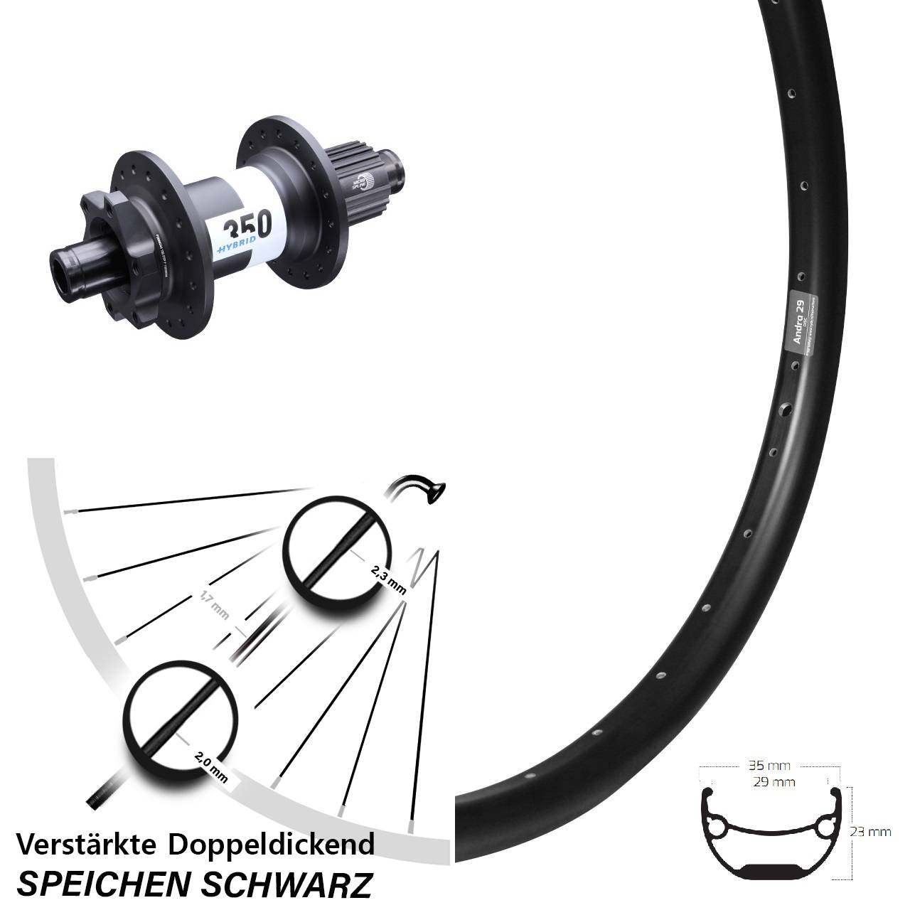 27,5 Zoll DT Swiss 350 Hybrid Ryde Andra 29 Disc Laufrad 12x148 Boost Micro Spline
