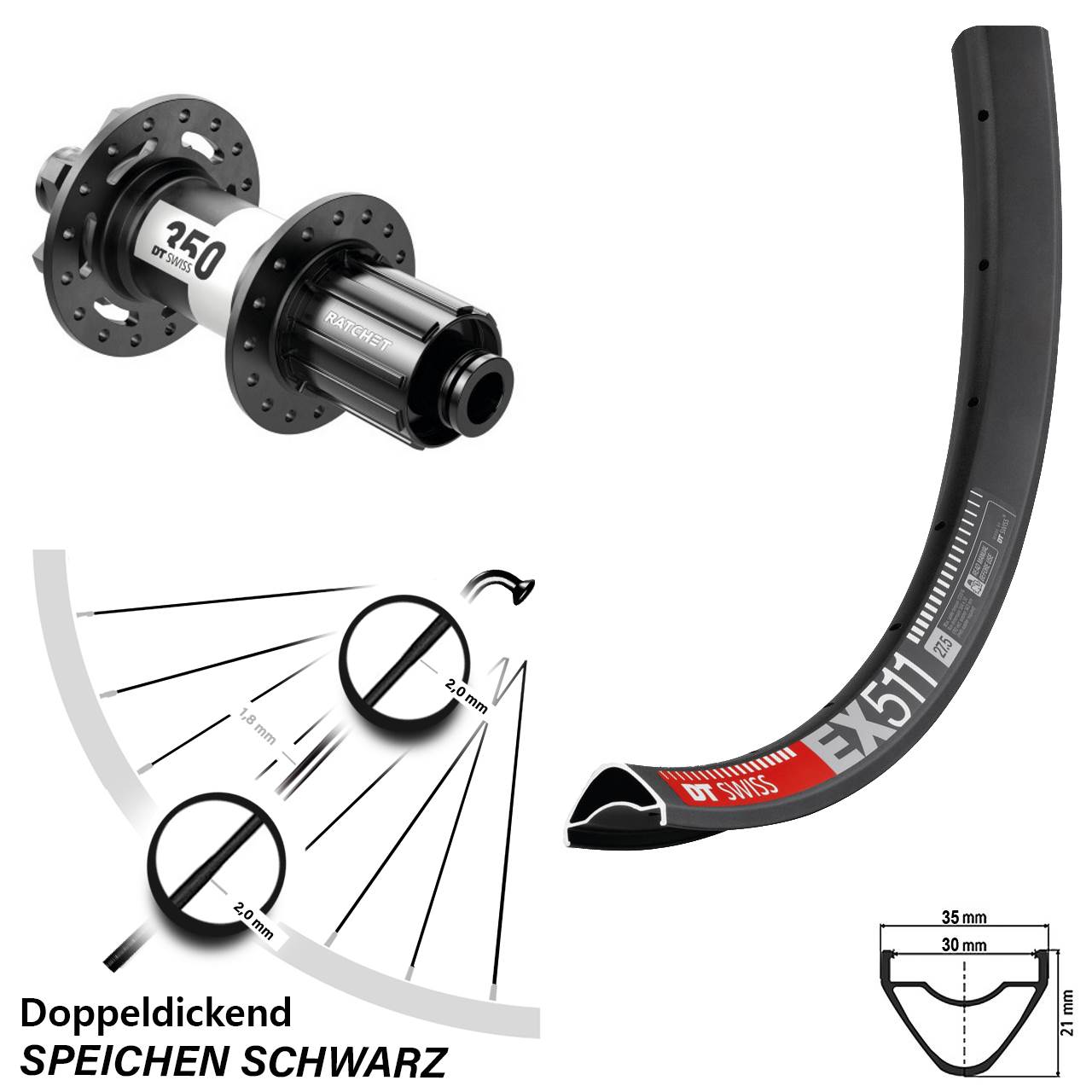27,5 Zoll Hinterrad DT Swiss EX 511 350 6-Loch 8-11 fach 12x148