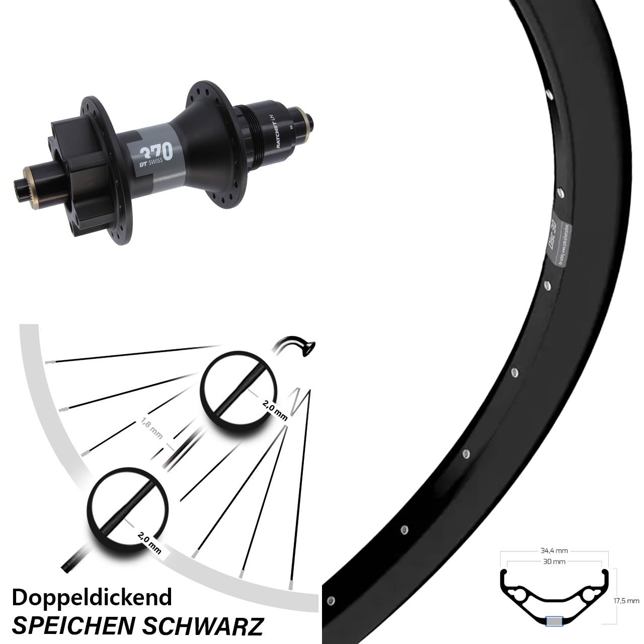 27,5 Zoll Hinterrad Ryde Disc 30 DT Swiss 370 XD schwarz