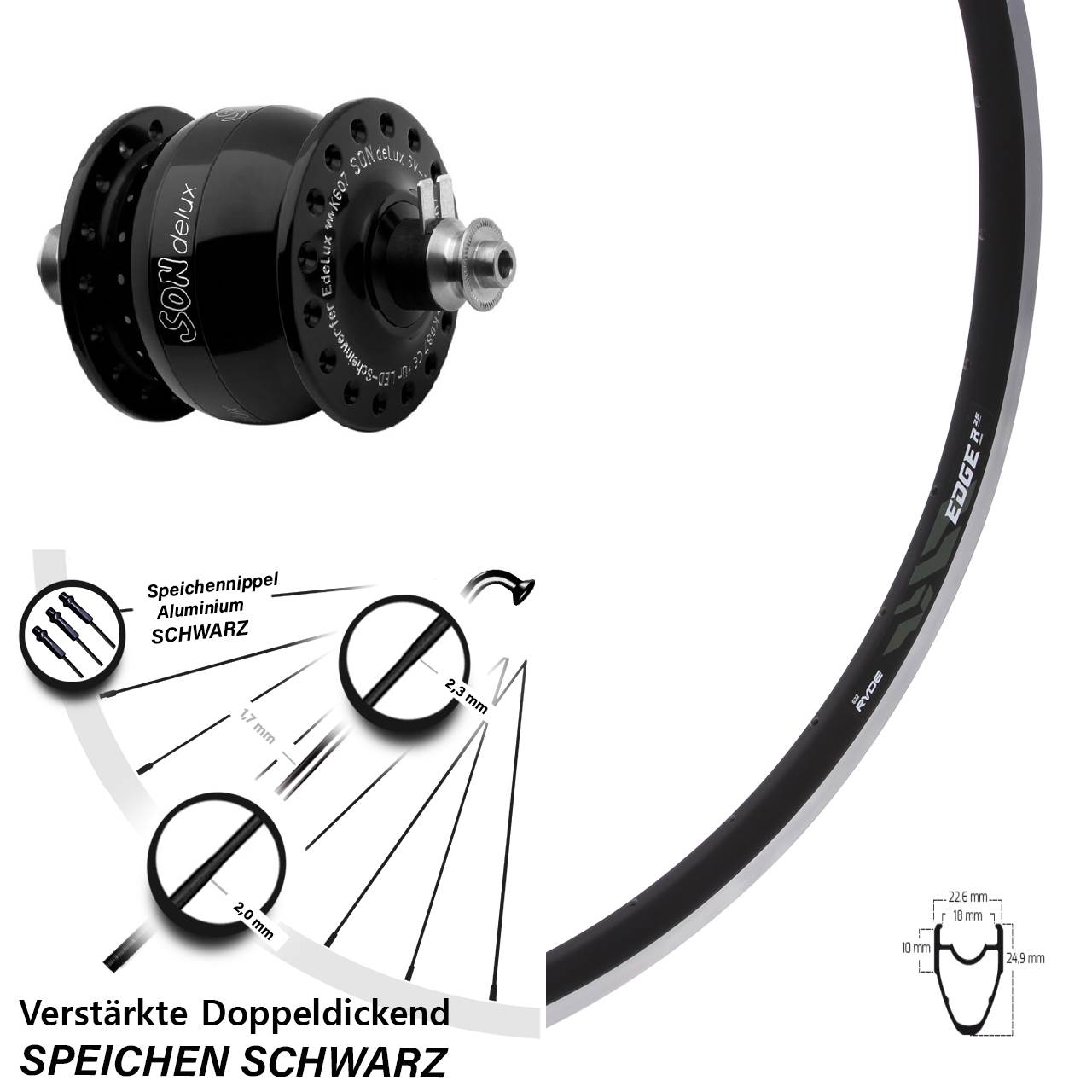 Nabendynamovorderrad QR 28 Zoll Ryde Edge R 25 SON delux