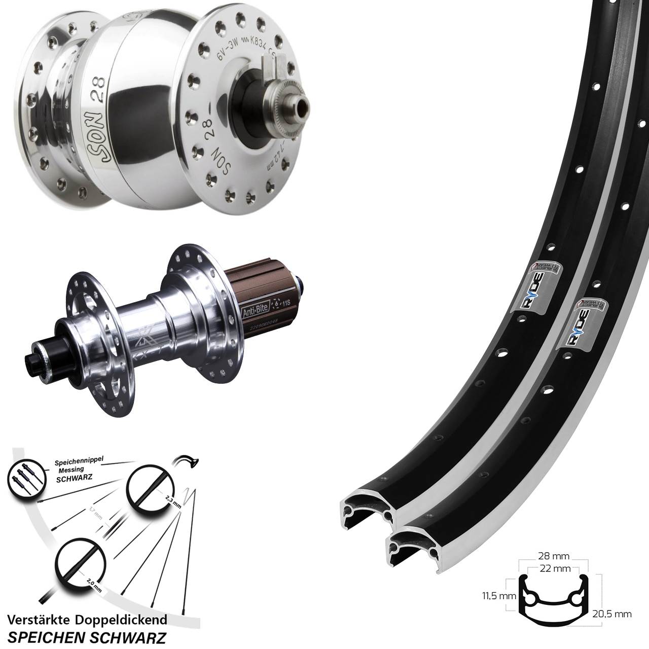 27,5 Zoll Ryde Andra 35 KX-T SON 28 Laufradsatz für Schnellspanner 8-12 fach HG