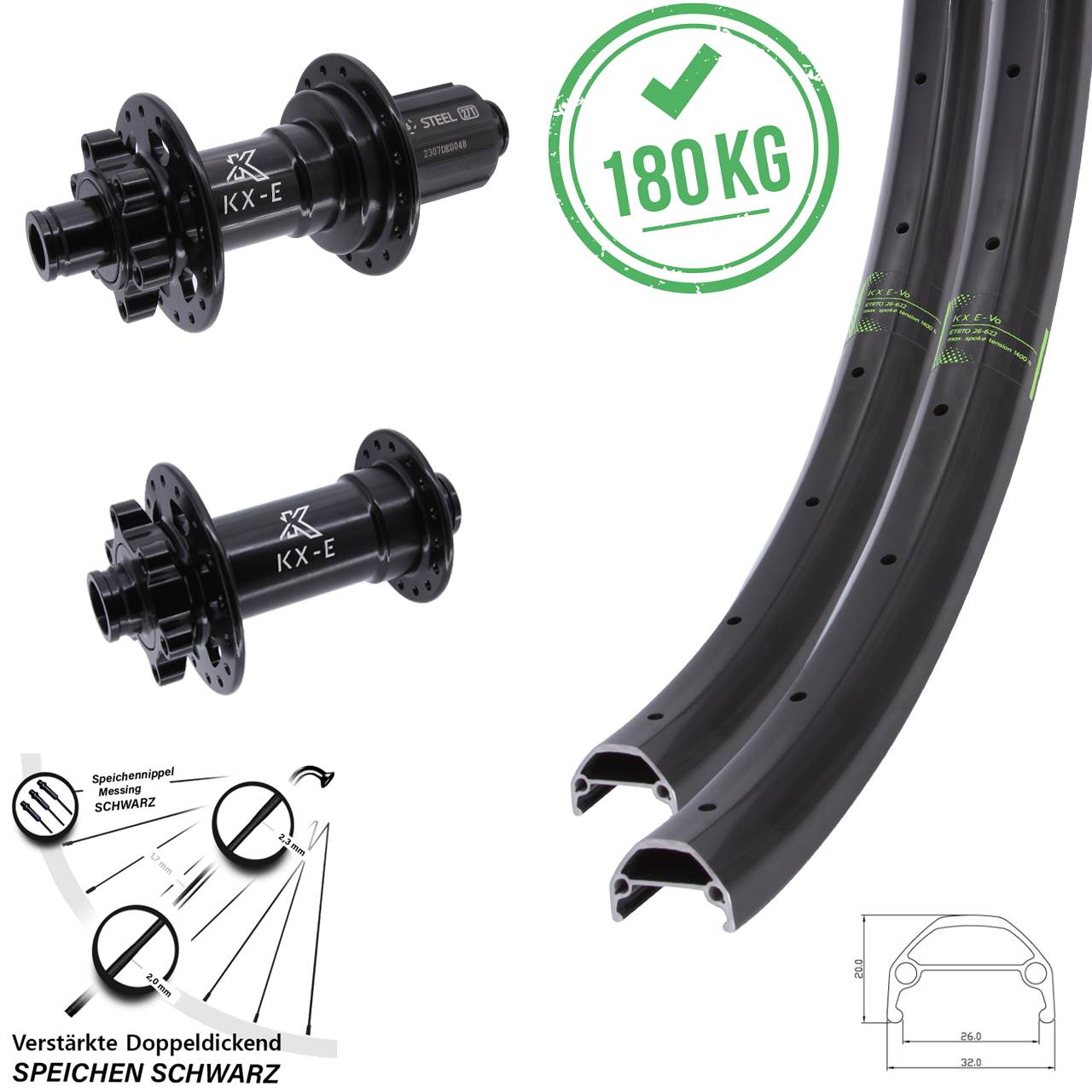 KX-E Heavy Duty 26 Zoll Laufradsatz 6-Loch 15x110 12x148 8-12 fach