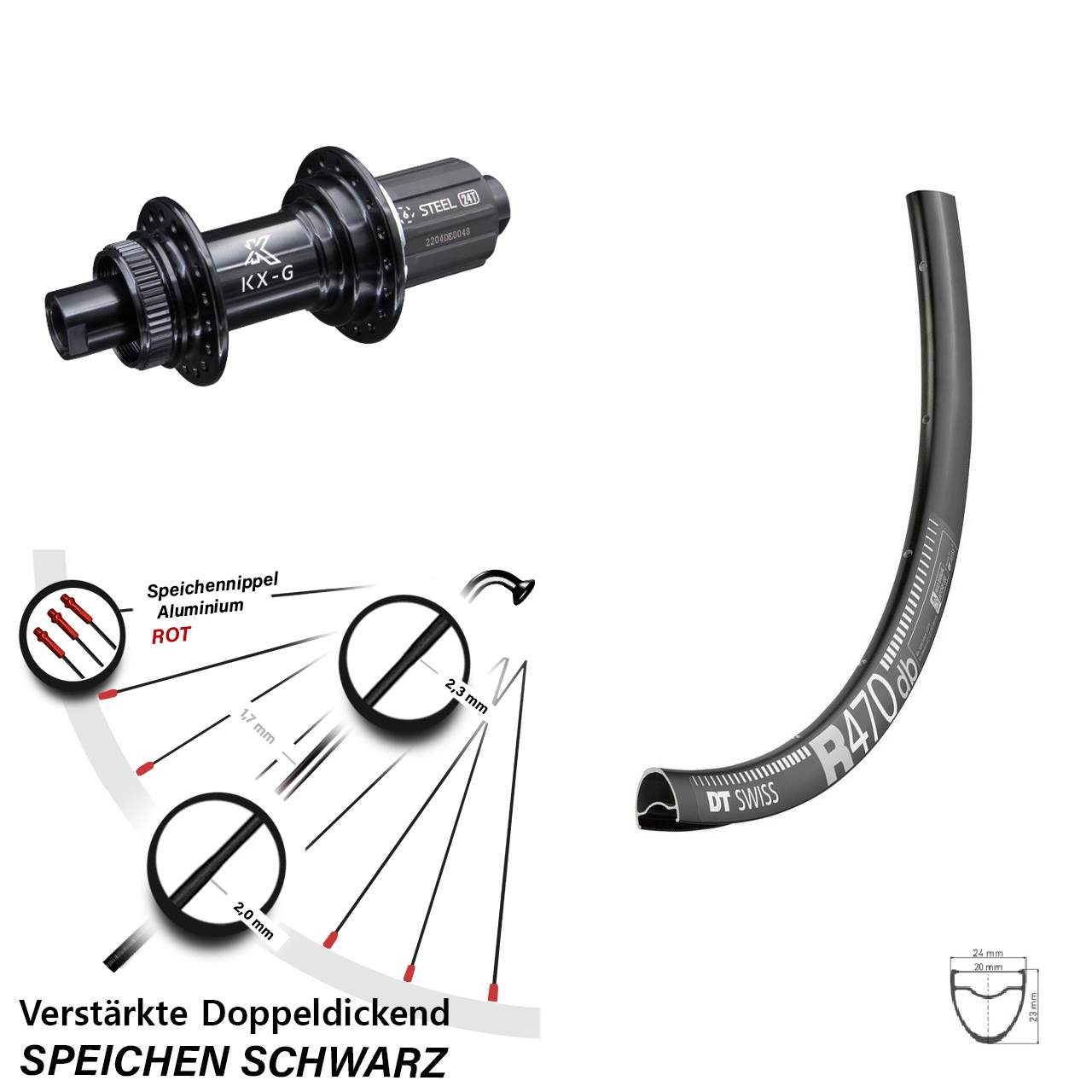 DT Swiss R 470 Disc Hinterrad 28 Zoll KX-GS Nabe 12x142 mm Centerlock 8-12 fach