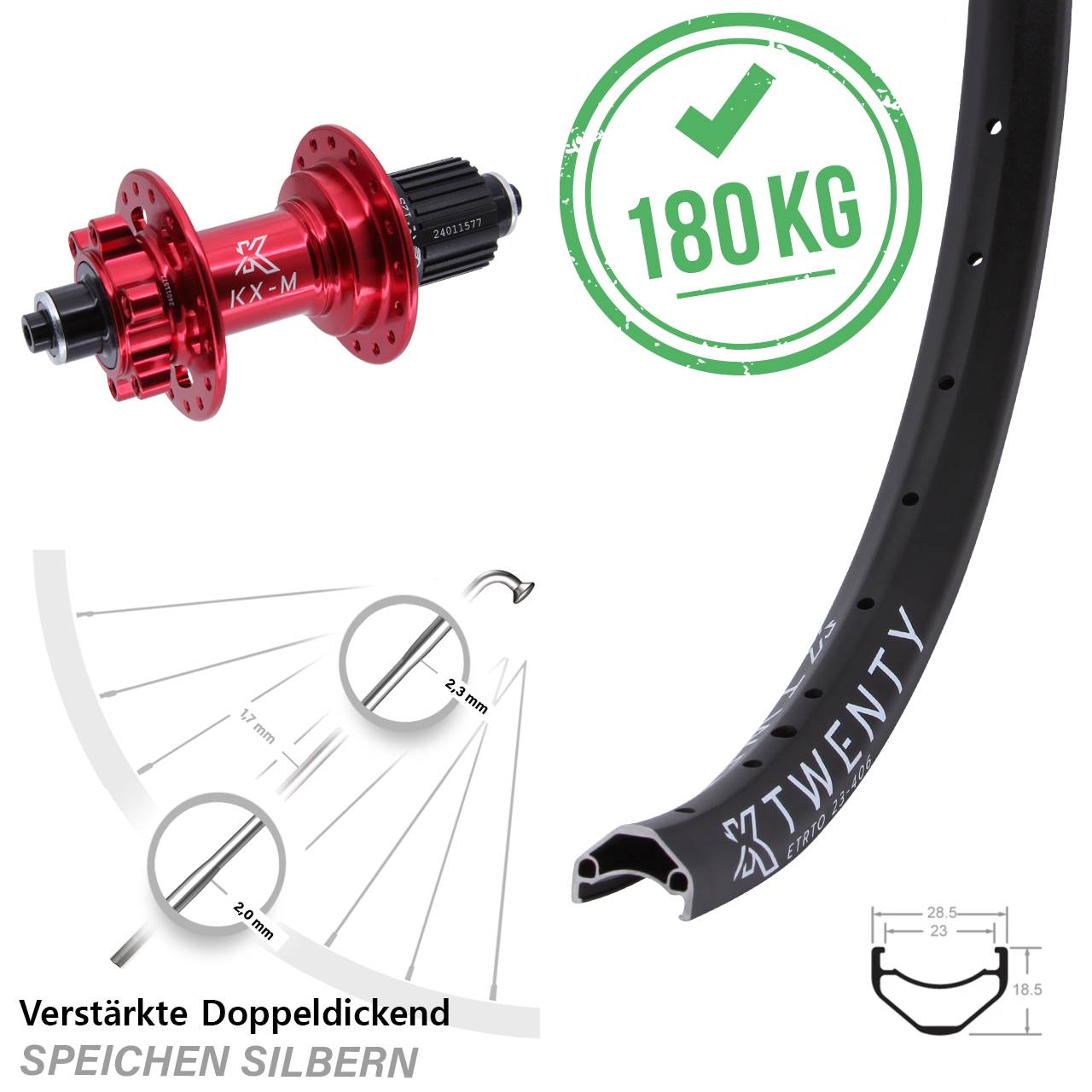 Disc Hinterrad 20 Zoll rote Nabe KX-M Twenty Shimano Micro Spline QR