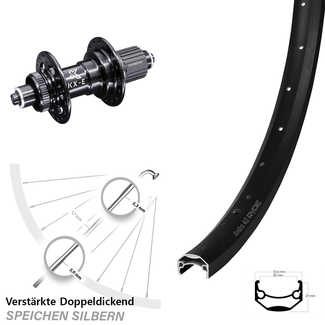 20 Zoll Ryde Andra 40 KX-E Centerlock Hinterrad für Schnellspanner Shimano Micro Spline