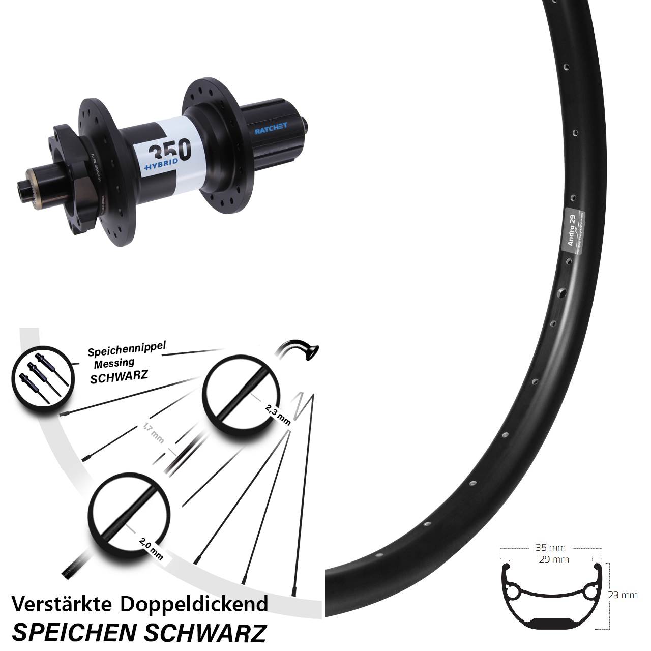 DT Swiss 350 Hybrid Ryde Andra 29 Zoll Hinterrad für Schnellsp. 8-11 fach