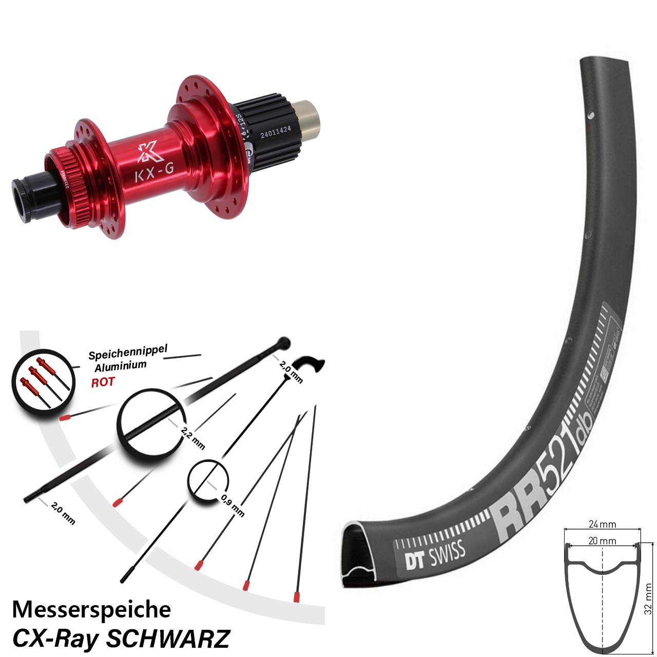 Disc Hinterrad 12x142 28 Zoll DT Swiss RR 521 KX-G rot Micro Spline CX-Ray