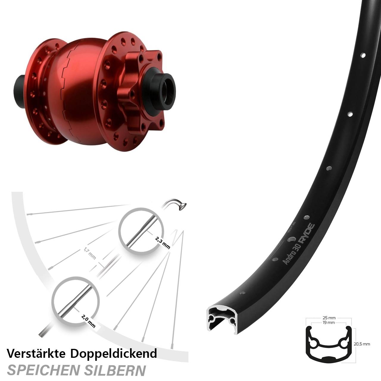 Disc Vorderrad mit Nabendynamo 28-29 Zoll Ryde Andra 30 SON 28 rot 15x100