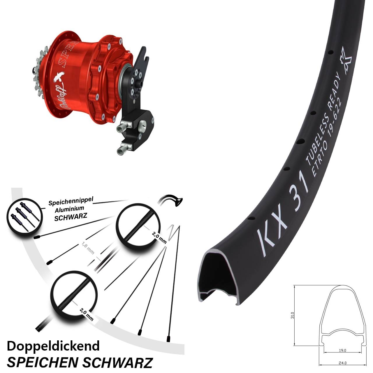 Disc Laufrad 28 Zoll KX 31 Rohloff Speedhub CC DB OEM2 Tandem rot