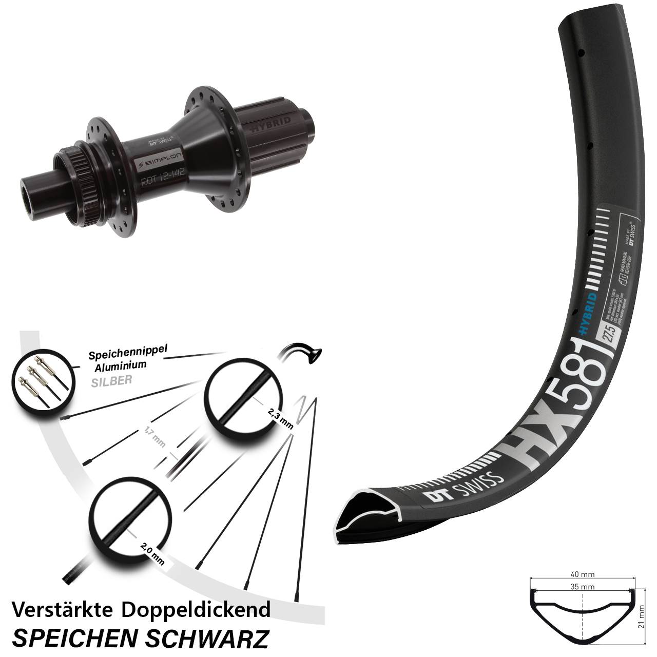 Disc Laufrad 27,5 Zoll DT Swiss HX 581-370 Hybrid 8-11 fach 12x142
