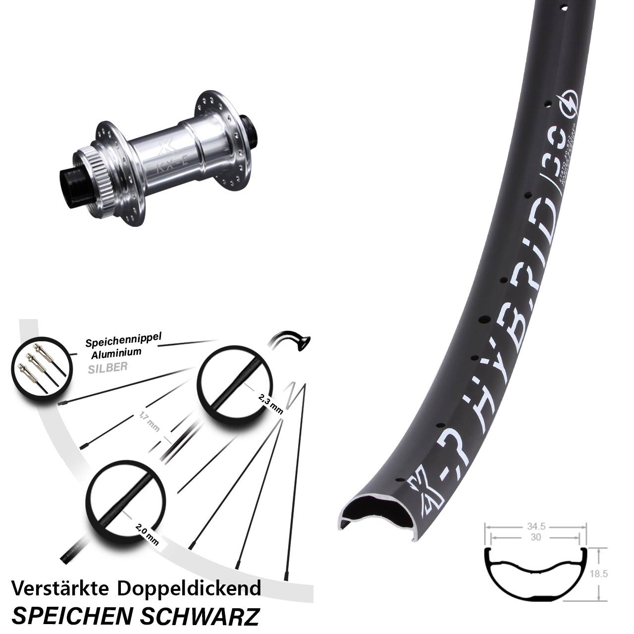 silbernes 29 Zoll Vorderrad KX-ER Hybrid 30 verstärkt Steckachse 15x100 mm Centerlock