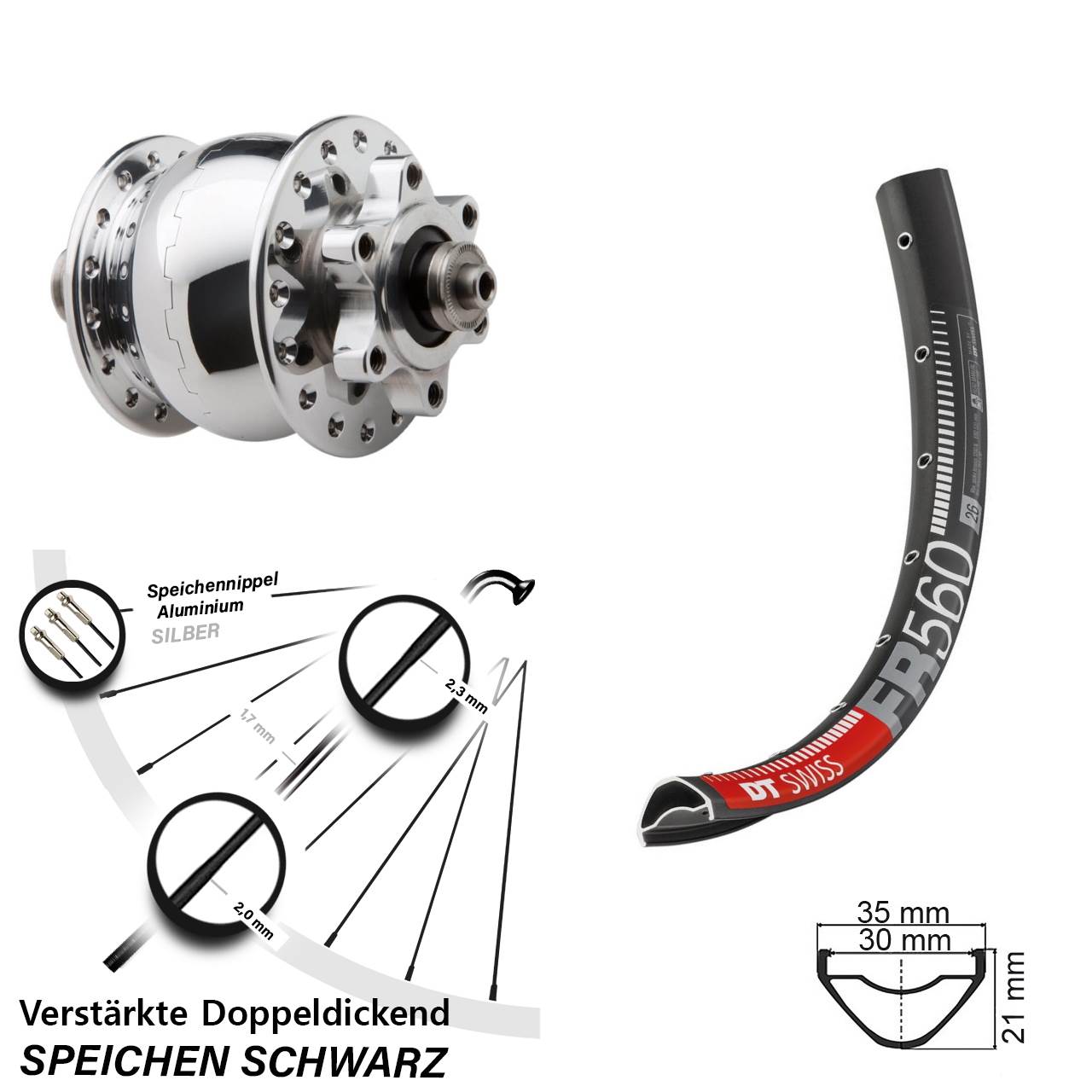Disc Dynamo-Vorderrad für Schnellspanner 26 Zoll DT Swiss FR560 SON 28