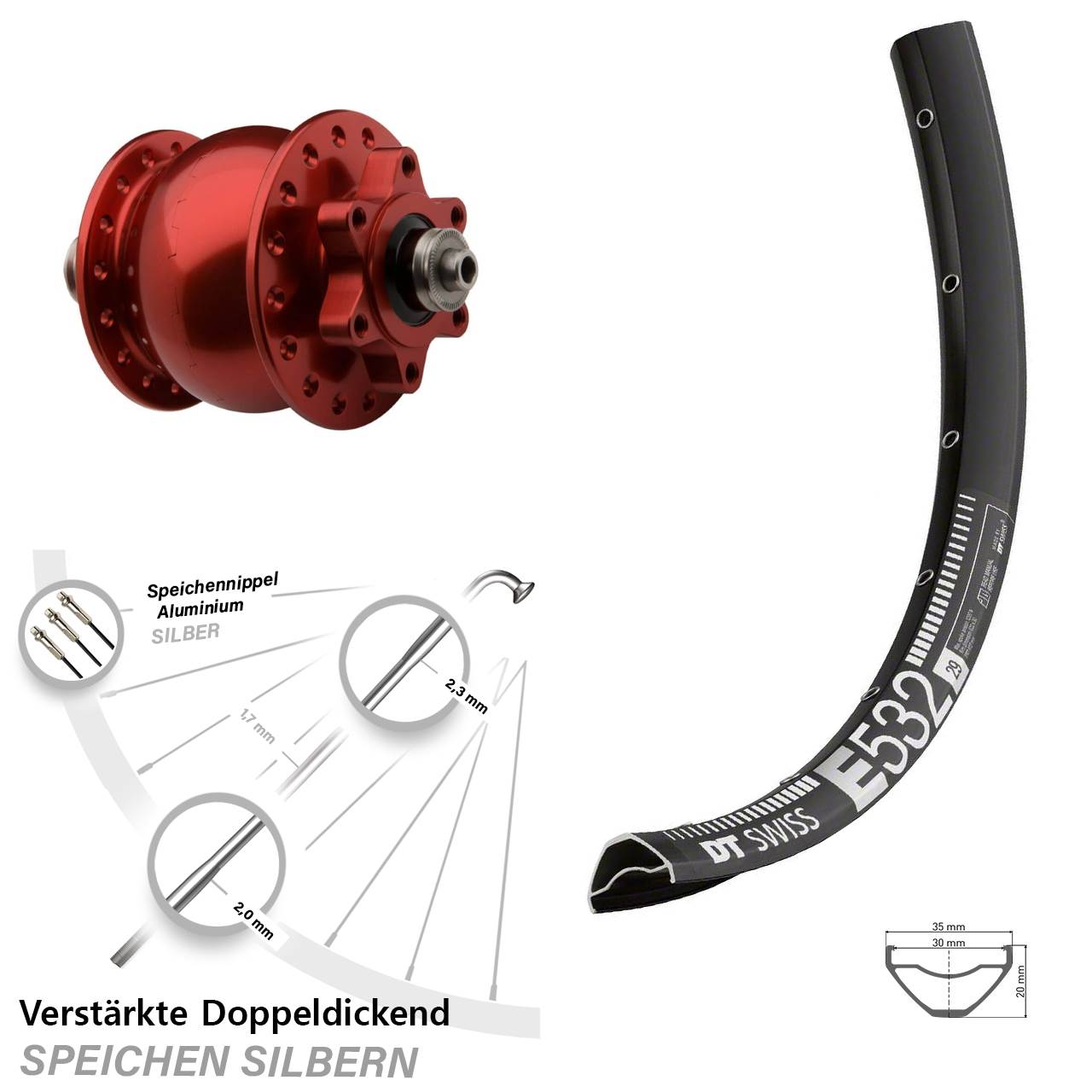 Disc Vorderrad mit Nabendynamo 29 Zoll DT Swiss E 532 SON 28 rot für Schnellspanner