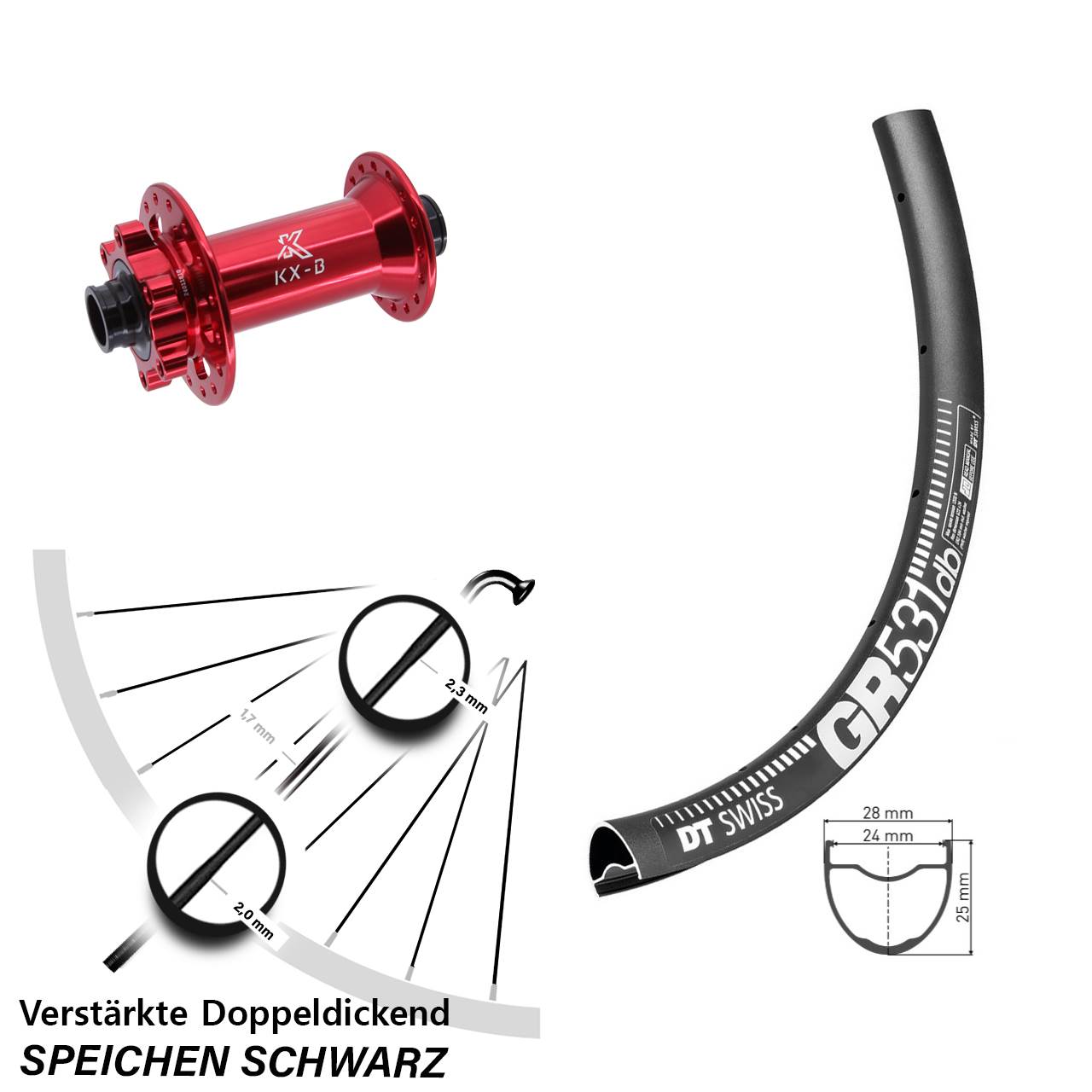 6-Loch Vorderrad 28 Zoll DT Swiss GR531 KX-B rot 15x110 Boost