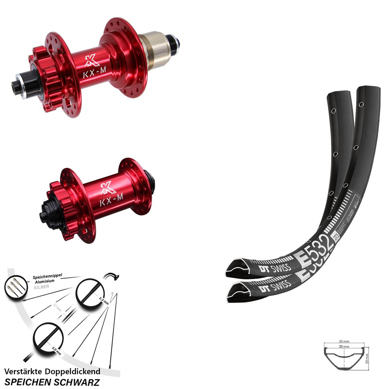 DT Swiss E 532 KX-M rot 29 Zoll 6-Loch Laufradsatz für Schnellspanner XD 11-12 fach