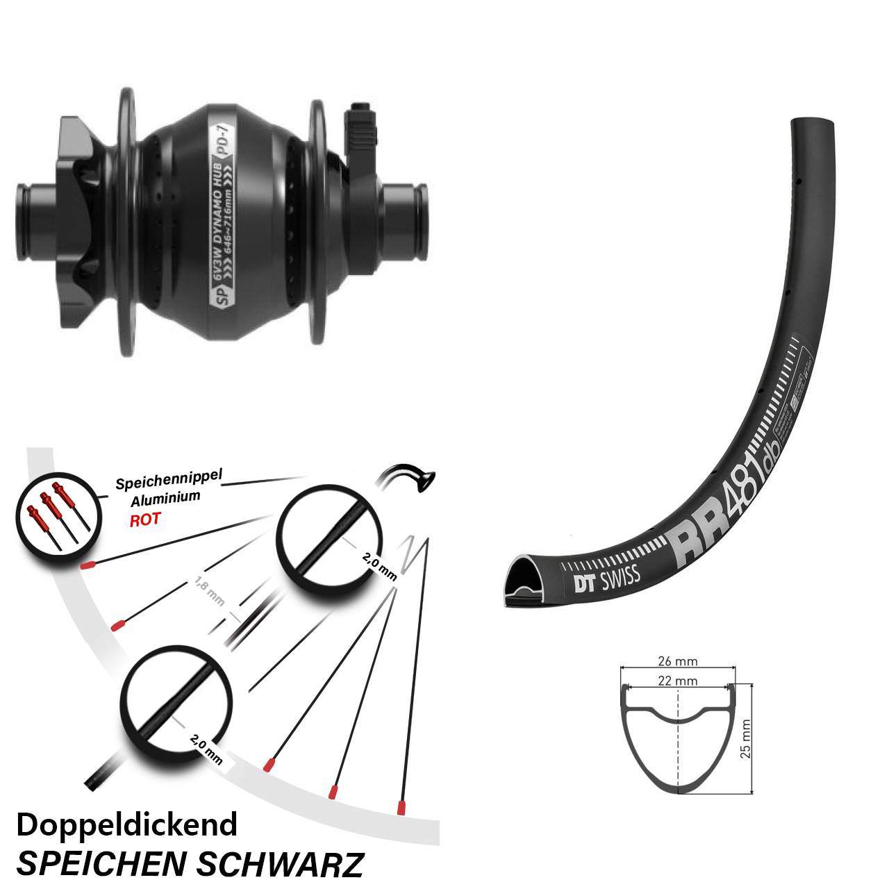 Vorderes Rad mit Nabendynamo Shutter Precision PD-7 DT Swiss RR 481 DB 28 Zoll 6-Loch