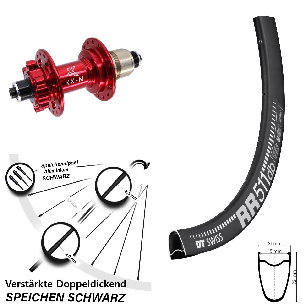 28 Zoll DT Swiss RR 511 KX-M rot 6-Loch Hinterrad für Schnellspanner SRAM XD