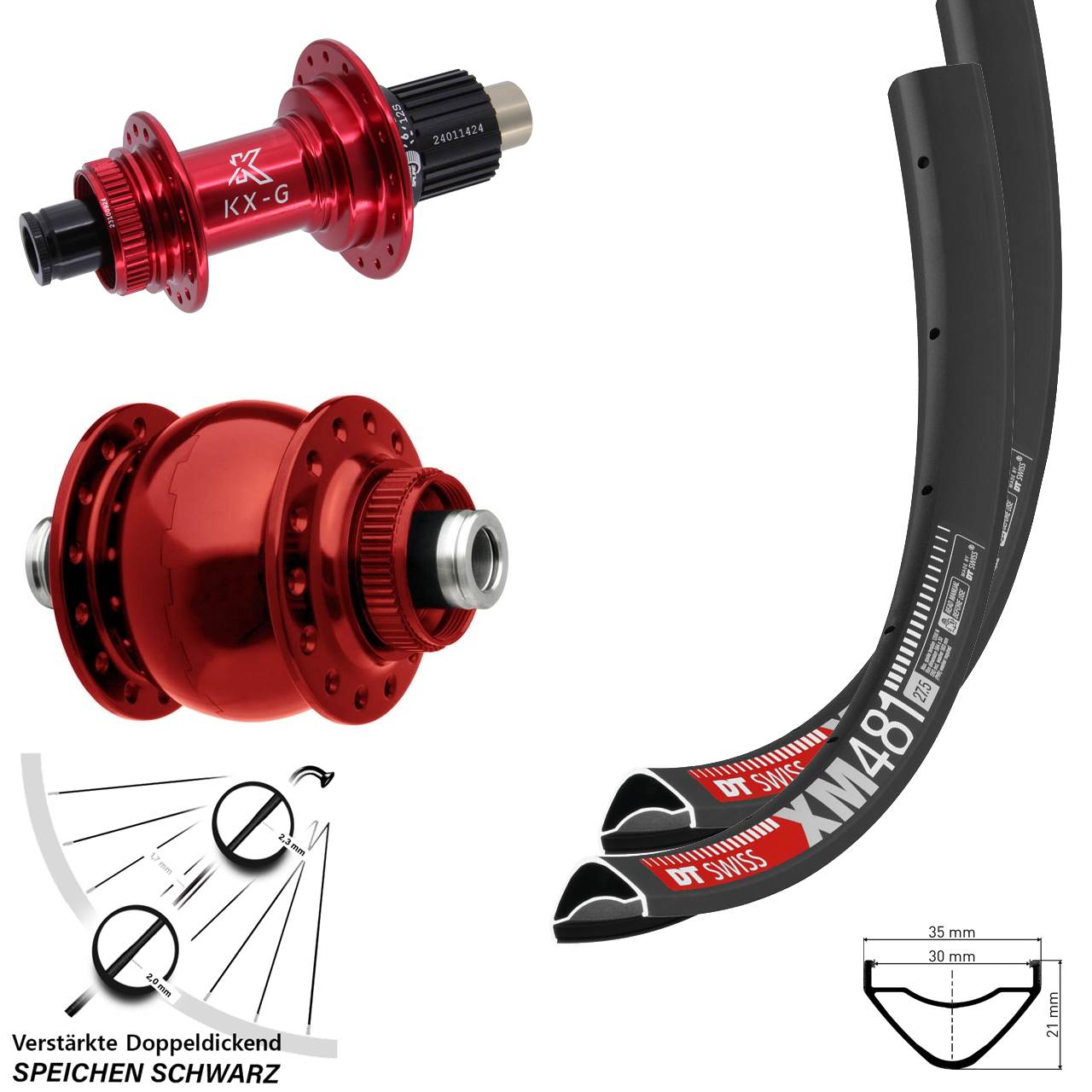 Disc Laufrad-Satz 27,5 Zoll DT Swiss XM481 KX-G rot SON 28 Micro Spline 12x100/142