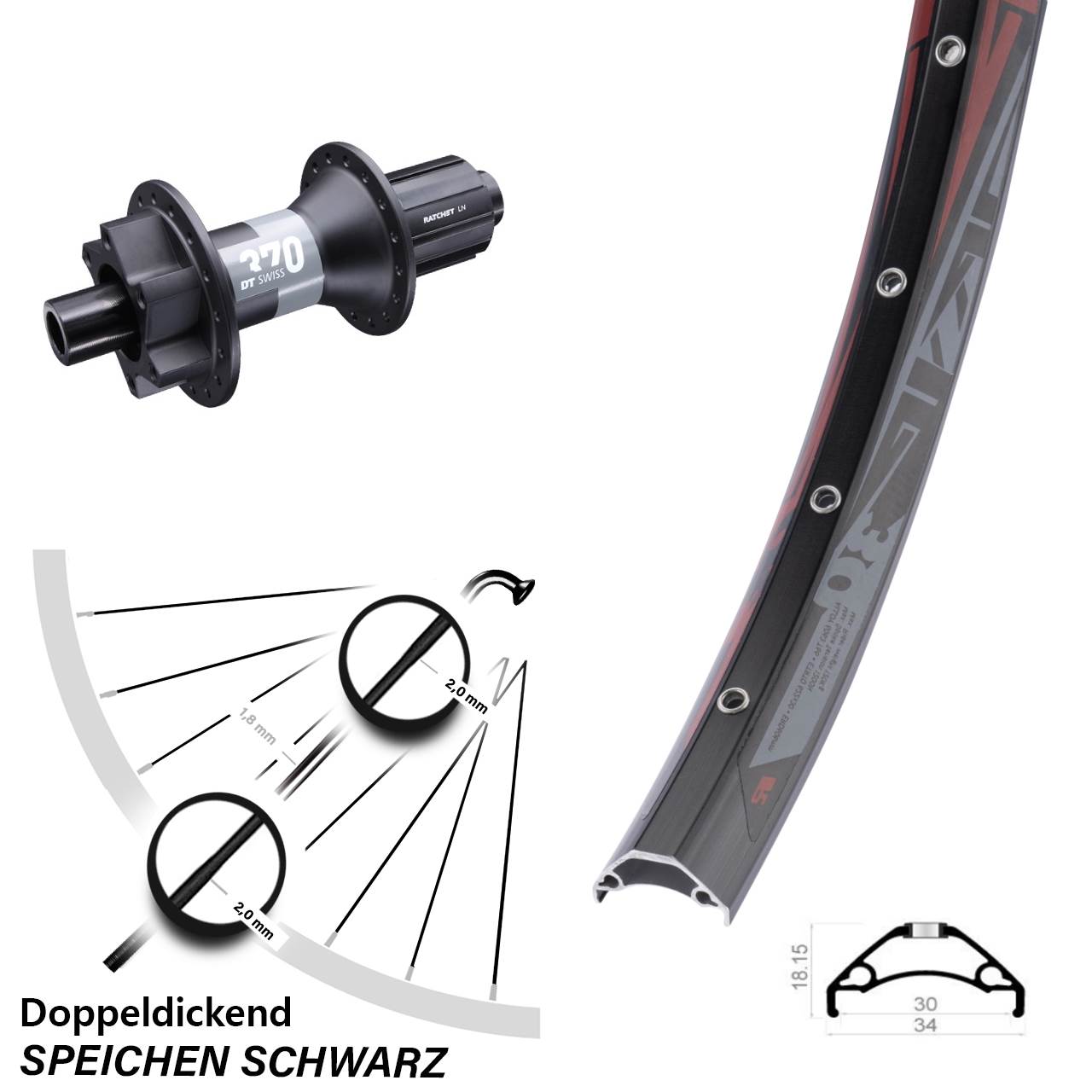 29 Zoll Hinterrad DT Swiss 370 12x148 Boost Rodi TRYP 30