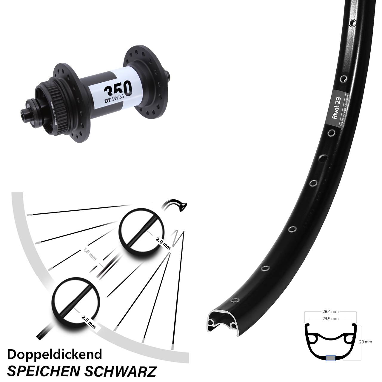 Vorderrad Centerlock 27,5 Zoll Ryde Rival 23 DT Swiss 350 für Schnellspanner