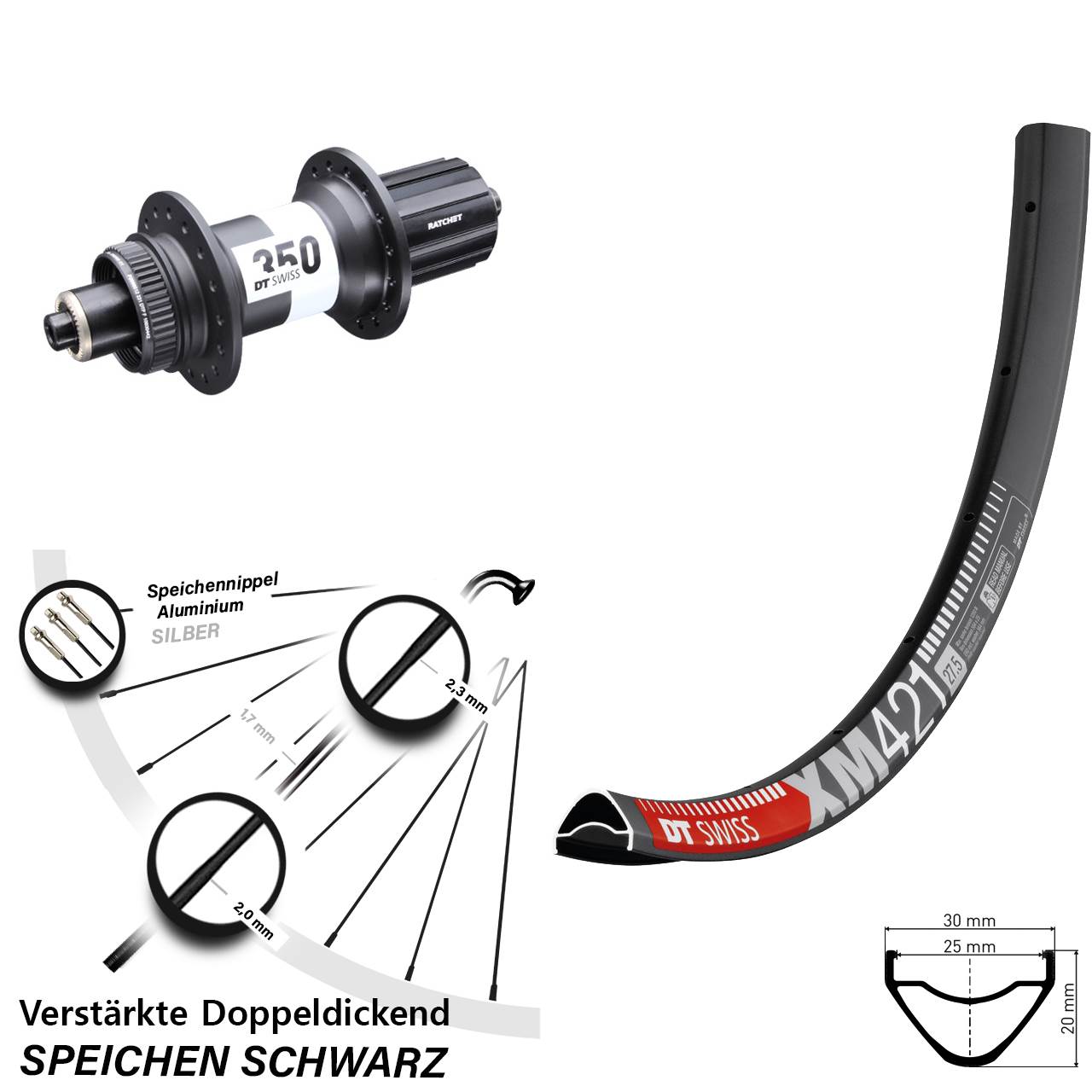 27,5 Zoll DT Swiss XM 421-350 Road Centerlock Hinterrad für Schnellspanner 11-12 fach