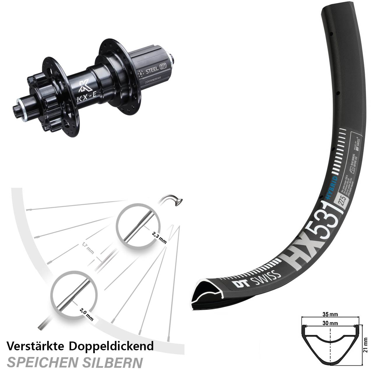 verstärktes 29 Zoll Hinterrad DT Swiss HX 531 KX-E 5x135 mm 6-Loch 8-12 fach