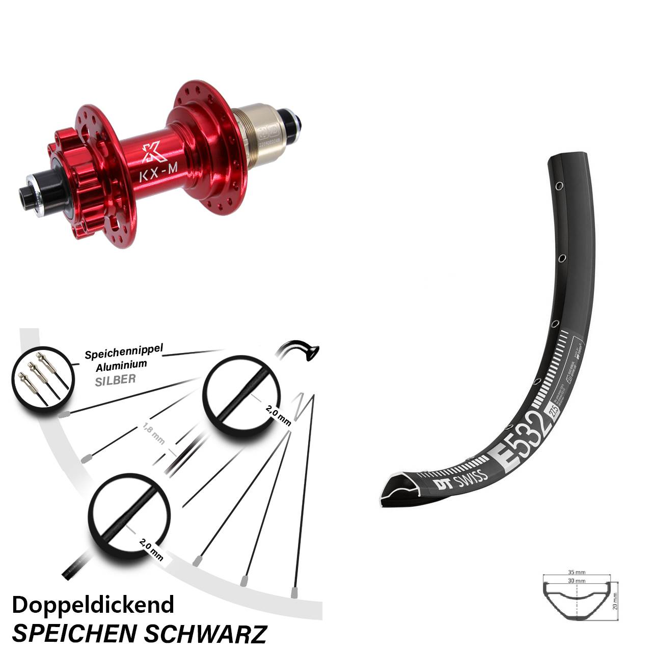DT Swiss E532 KX-M rot 29 Zoll Hinterrad 6-Loch QR SRAM XD