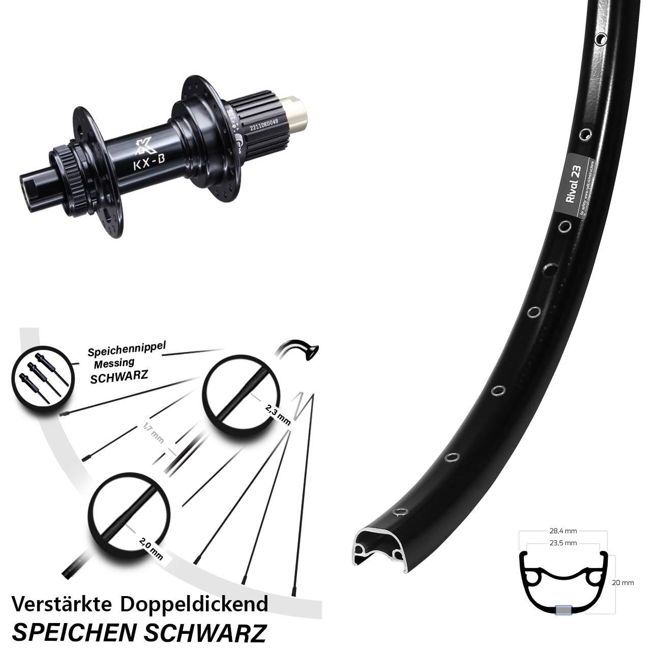 Hinterrad 27,5 Zoll Ryde Rival 23 schwarz KX-B Boost Centerlock Micro Spline