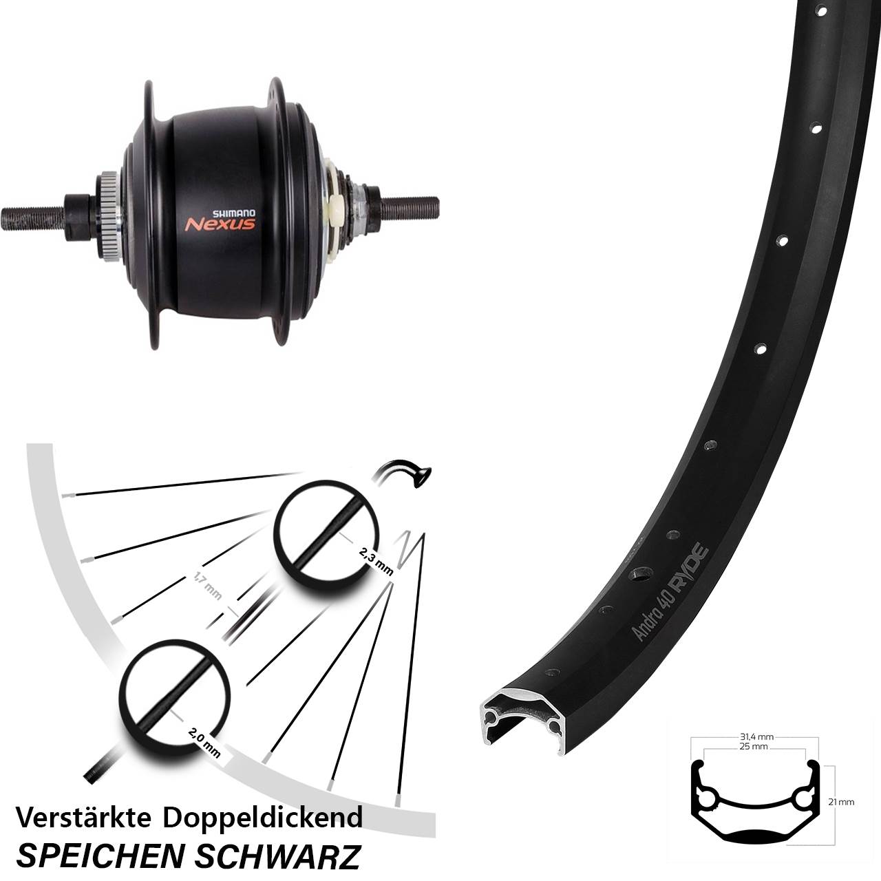 20 Zoll Hinterrad Ryde Andra 40 Disc Shimano Nexus 8 Gang