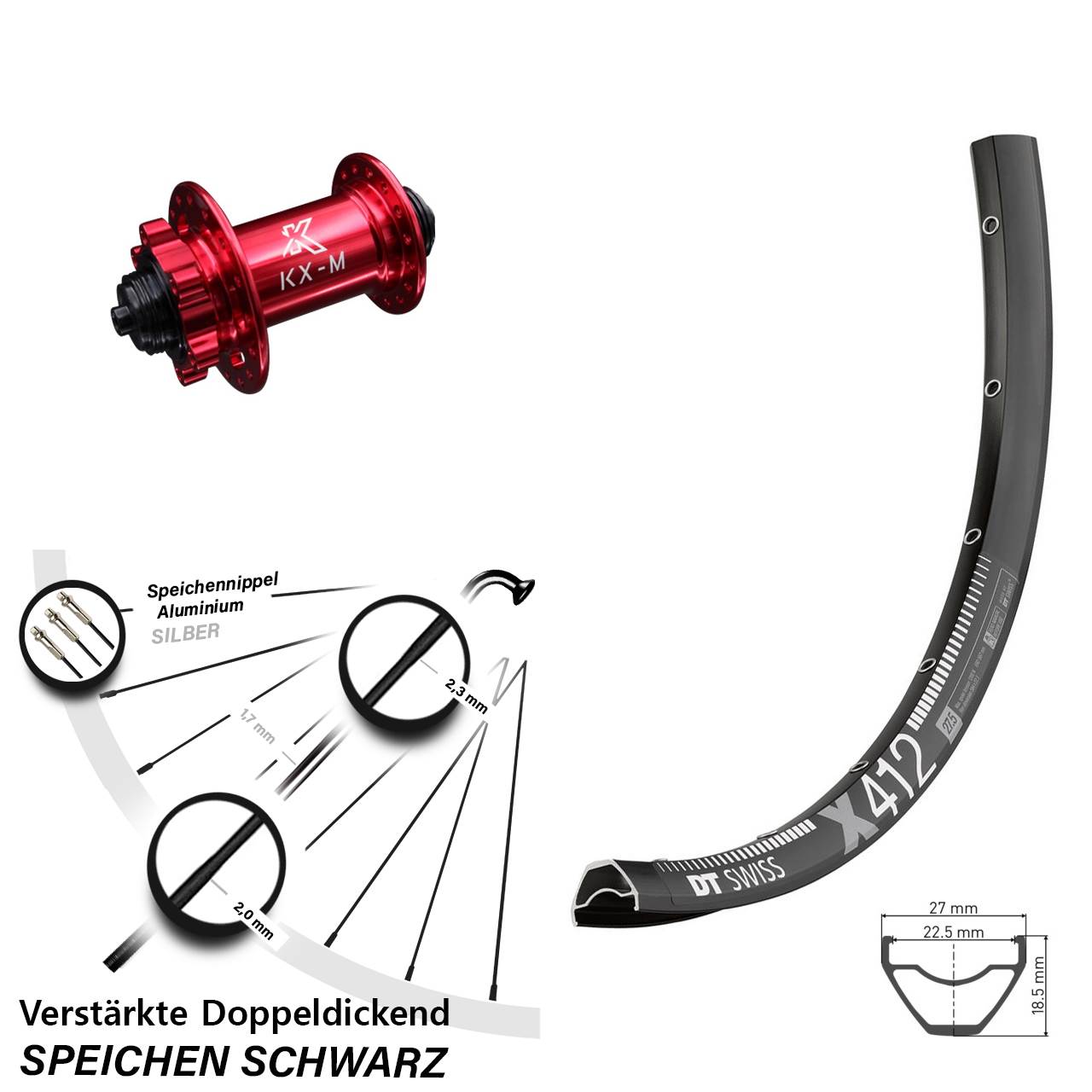 Disc 29 Zoll Vorderrad DT Swiss X 412 KX-M rot für Schnellspanner