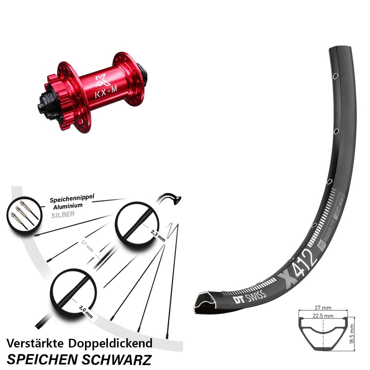 Disc 29 Zoll Vorderrad DT Swiss X 412 KX-M rot für Schnellspanner