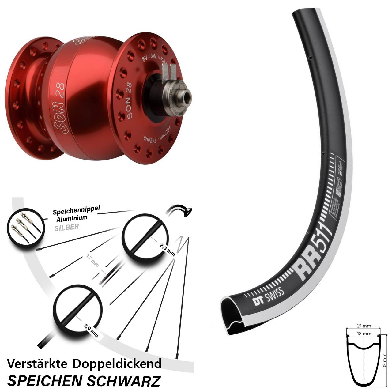 roter SON 28 Zoll DT Swiss RR 511 Dynamo-Vorderrad QR