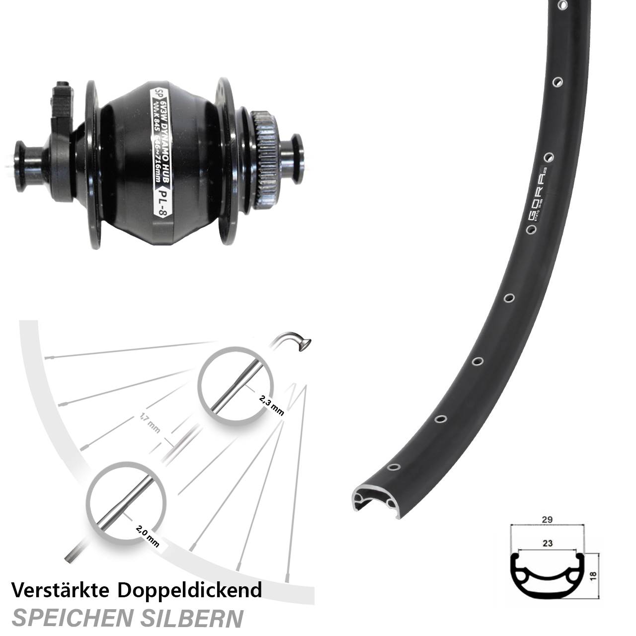 Disc Vorderrad mit Nabendynamo QR 28-29 Zoll Gora 23 Shutter Precision PL-8